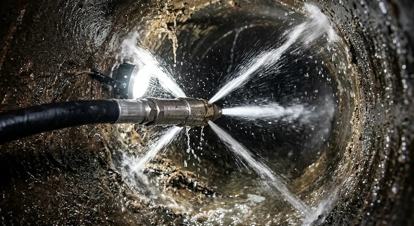 High-pressure hydro jetting nozzle cleaning sewer pipe for Emergency Drain Service in Gallatin