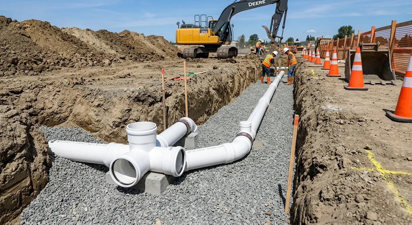 New PVC sewer pipe installation in open trench for Commercial Drain Cleaning in Gallatin