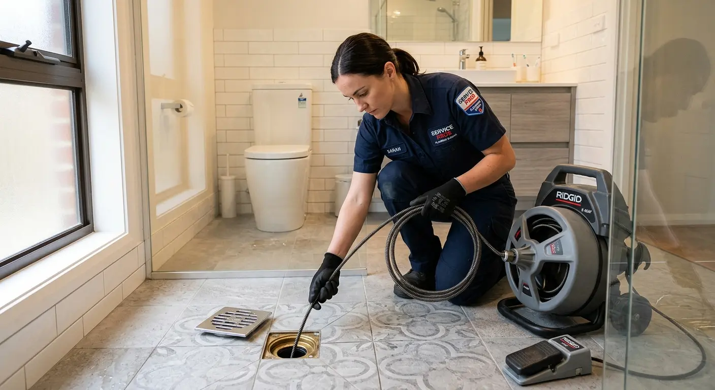 Technician clearing a bathroom floor drain for Hydro Jetting in Gallatin